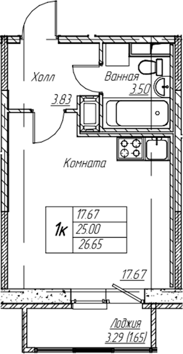 Квартира студия 26.65 м², 16/22 эт., ЖК «Парк-квартал Юнтолово»